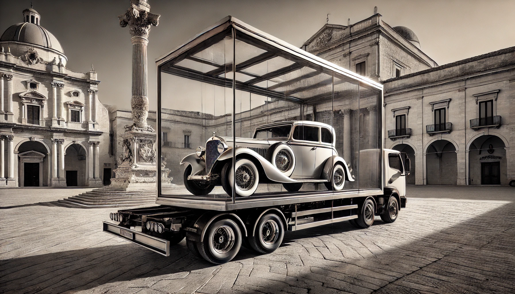 DALL·E 2024 11 14 18.19.40 A detailed scene of a vintage car being transported on a glass enclosed truck in Piazza Santo Oronzo Lecce. The truck has transparent glass walls al